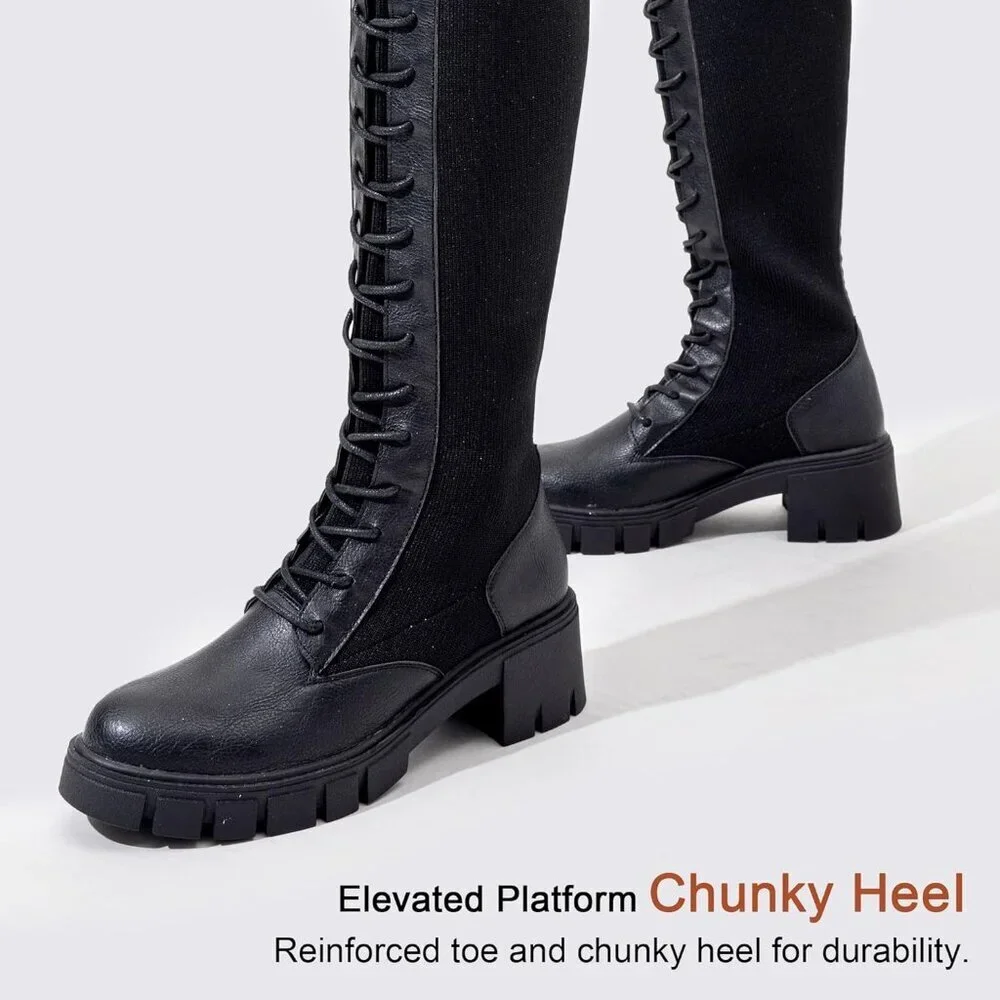 Women's Black 953 Chunky Platform Heel Lace Gothic Knee High Combat Boots